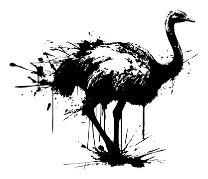 Artistic ostrich bird silhouette depicted in a messy black ink splatter and splash style