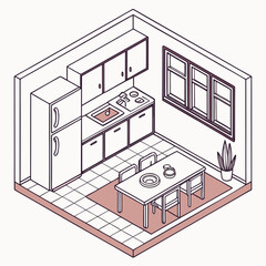 Isometric Kitchen and Dining Room Interior Home Illustration