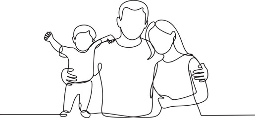 Happy family in continuous line art drawing style. United family portrait of parents and their little girl kid black linear sketch isolated on white background. Vector illustration © Ranaart