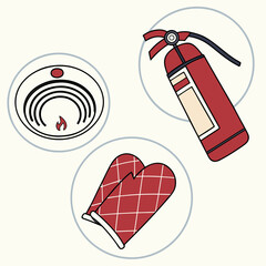 Fire Safety Essentials Icons: Detector, Extinguisher, Oven Mitts