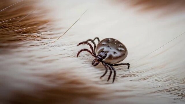 Close up of a pest tick moving on animal hair. Risk of pathogen transmission and disease from parasite bite. Pet health problem.