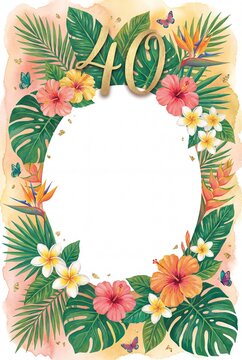 Tropical Floral Frame with Gold Number 40 &mdash; Monstera Hibiscus and Plumeria Birthday Invitation Template with Blank Center