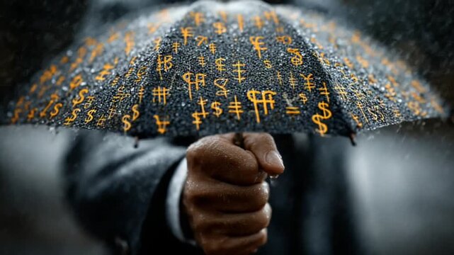Person holding umbrella with currency symbols in rain