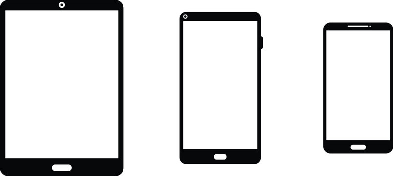 Electronic device icon set featuring tablet smartphone and mobile phone silhouettes with white screens isolated on transparent background perfect for web design application interface development