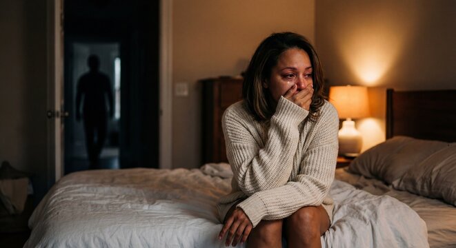 Devastated woman sitting alone on bed after verbal abuse with male silhouette leaving in background