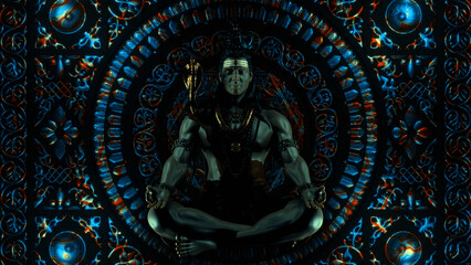Obraz premium Meditative depiction of Shiva seated in deep stillness surrounded by intricate sacred geometry patterns, evoking balance, inner power, spiritual awakening, and ancient yogic symbolism in a dark mystic