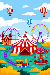 Amusement Park Illustration: Whimsical Carnival Scene with Brightly Colored Attractions, Including a Circus Tent, Ferris Wheel, and Castle Set Against a Sunny Sky for Festive Events, Family Fun, and C