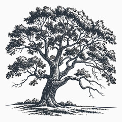 Majestic Old Oak Tree Detailed Ink Drawing Illustration