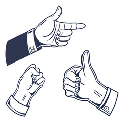 Retro Hand Gestures: Pointing, Thumbs Up, Fist