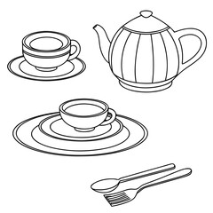 Elegant Tea Service: Teapot, Cups, Plates, Cutlery