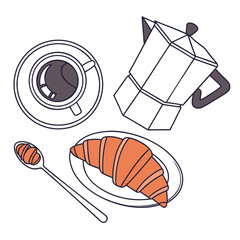 Breakfast Scene: Coffee, Croissant, Spoon, Plate