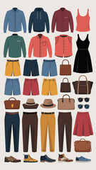 Fashionable Clothing Apparel Collection Lay Flat Displayed for Stylish Wardrobe Planning, Outfit Coordination, Creating Capsule Wardrobes, Personal Style, with Shirts, Pants, Jackets and Accessories I