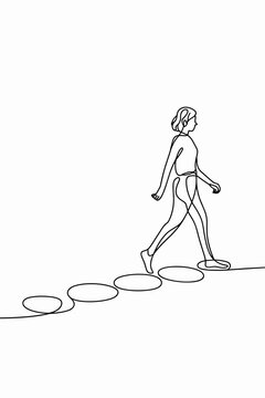 Minimalist Continuous Line Art of Woman Progressing on Stepping Stones: Single Line Graphic of Person Walking Forward for Business Growth, Achieving Goals, Career Steps, Metaphor for Success, Progress