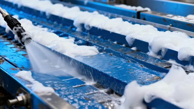 Medium shot closeup of foaming lance spraying dense foam onto conveyor belts highlighting deepcleaning process in industrial food processing sanitation.
