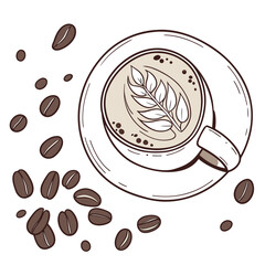 Top View Coffee Cup with Latte Art and Scattered Beans Illustration