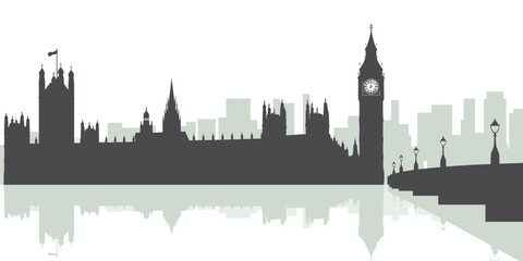 London Skyline Silhouette Reflecting at Dawn: Majestic Architecture, River Scenery, Urban Landscape, Landmark Buildings, Travel Destination, Modern Design, Minimalist Art, Cityscape Illustration, Unit