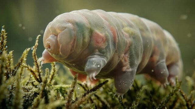 Microscopic tardigrade crawling through moss with floating water droplets in a macro closeup view
