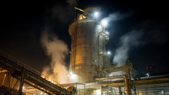 Continuous column digester operation captured at night illuminated by soft industrial lighting highlighting the steady flow of chips transforming into pulp with rising steam.