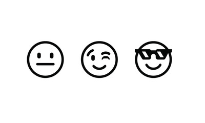 Naklejka premium Three minimalist black outline emoji faces depicting neutral, winking, and cool expressions on a clean white background.