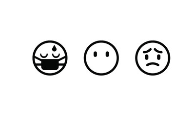 Naklejka premium Simple black and white line art icons depicting three different emotional states including sick and sad faces.