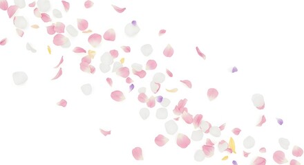 A beautiful swirl of white and pink rose petals with hints of purple and yellow, creating a romantic and dynamic floral pattern