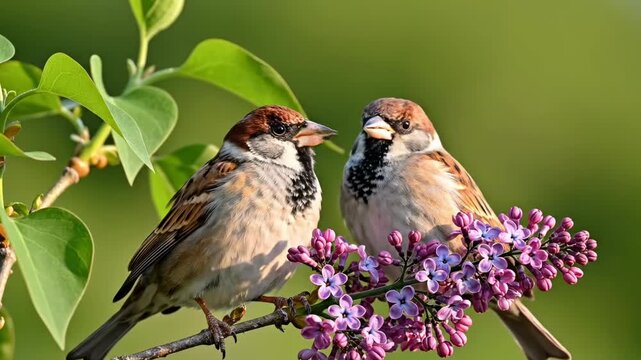 Sparrows Perched on Blooming Lilac Branch in Spring Sunlight with Green Background