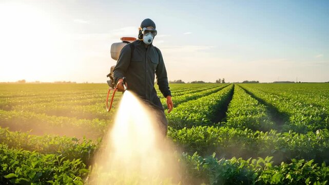 Man farmer spraying pesticide on soybean crop. Agriculture worker using sprayer machine for pest control on farm at sunset.