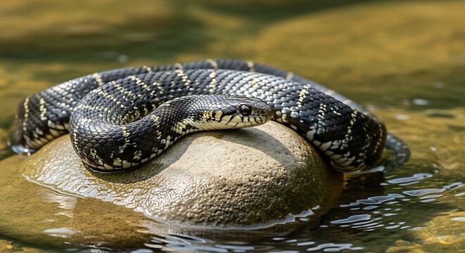 Northern water snake resting on river rock