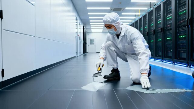 Technician installing electrostatic dissipative flooring in a hightech data center environment ensuring safe protection for sensitive electronic equipment