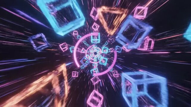 Colorful patterns move quickly through a dark space creating shapes and lines that change in speed and direction in a bright display