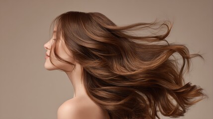 A beautiful brunette woman with long, flowing hair in profile. Her silky, healthy hair streams out gracefully, highlighting shine and volume. © Nart