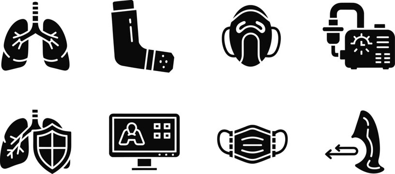 Respiratory health and pulmonary care icon set featuring lungs, asthma inhaler, oxygen mask, nebulizer machine, and medical protective gear.