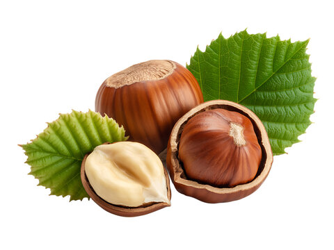 Hazelnuts and green leaves isolated on transparent background transparent background