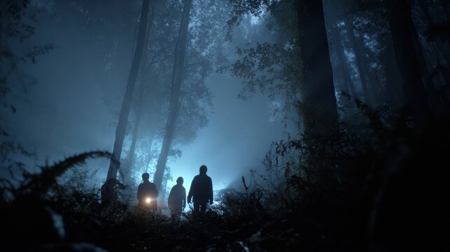 Group of 3-4 searching in forest, some using flashlights, dense trees and fog, suspenseful dramatic atmosphere 