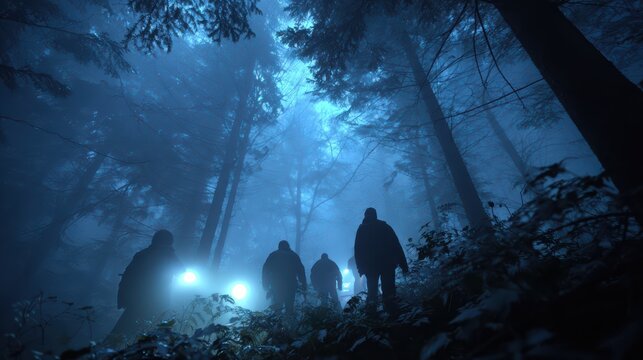 People in dense forest, some holding torches, looking for missing person, tense cinematic fog