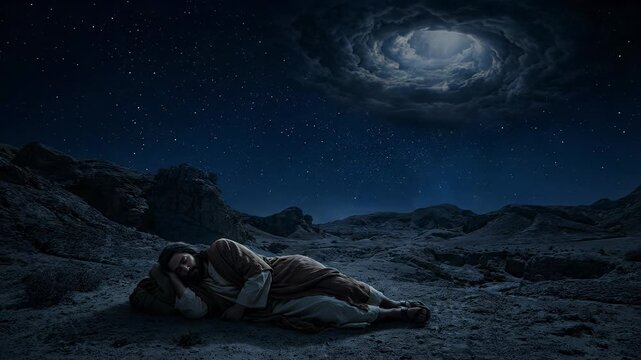 A conceptual representation of the biblical story of Jacob's Ladder, showing a man sleeping on the rocky ground of a desert wilderness under a starry night sky with a swirling divine portal opening ab