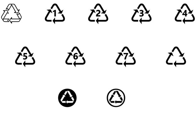 Comprehensive collection of universal recycling symbol variations including numbered resin identification codes for plastic materials