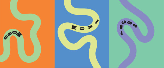 Colorful Abstract Wavy Path Background Set &ndash; Modern Organic Curved Lines with Playful Footprint Detail in Trendy Color Blocks for Creative Posters, Kids Design, Branding and Social Media 