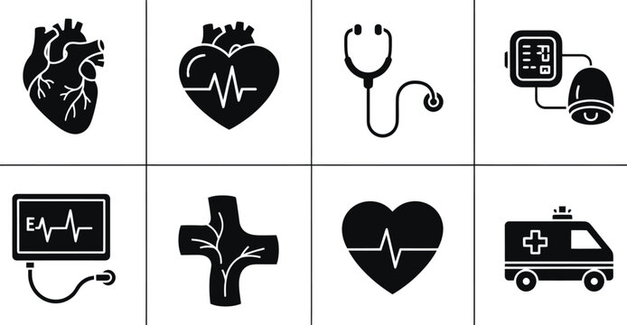 Cardiology and Heart Health Medical Icon Set with Anatomical Heart, Blood Pressure Monitor, and ECG Silhouette Designs