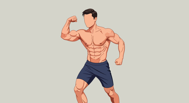A muscular man posing in athletic shorts showcasing strength and fitness in a dynamic illustration