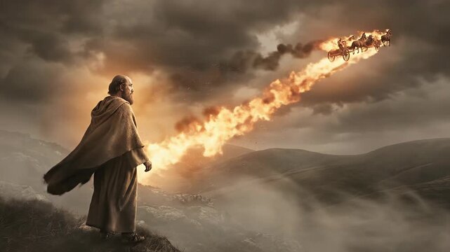 A conceptual representation of the biblical account of Elijah's ascension showing a figure (Elisha) standing on a misty hillside watching a trail of celestial fire streak across a dramatic, cloudy sky