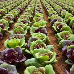 A field of lettuce growing in neat rows.