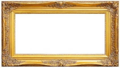 A rectangular, ornate, gilded frame, empty inside, detailed carvings on surface