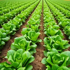 A field of lettuce growing in neat rows.