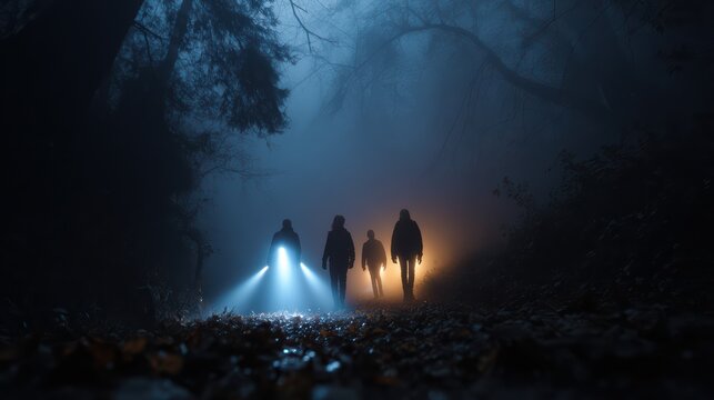 Three people with flashlights walking carefully in forest at night, searching for missing person, misty and mysterious environment 
