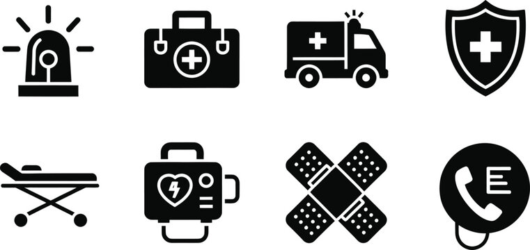 Emergency Response and First Aid Icon Collection with Ambulance, Medical Kit, and Rescue Equipment Silhouette Symbols