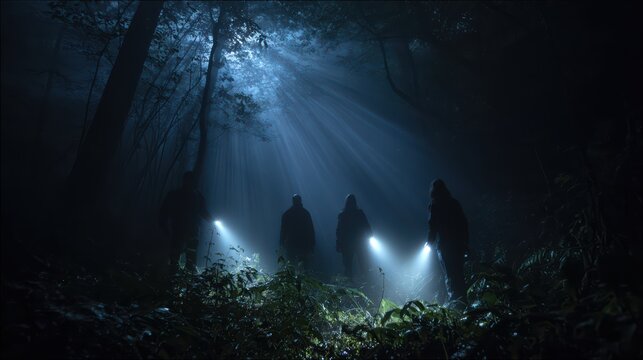 Three people with flashlights walking carefully in forest at night, searching for missing person, misty and mysterious environment 