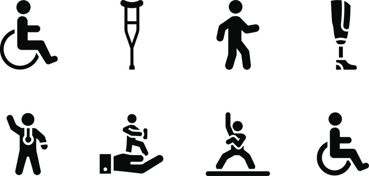 Disability Support and Rehabilitation Icon Collection with Wheelchair, Prosthetics, and Physical Therapy Silhouette Figures