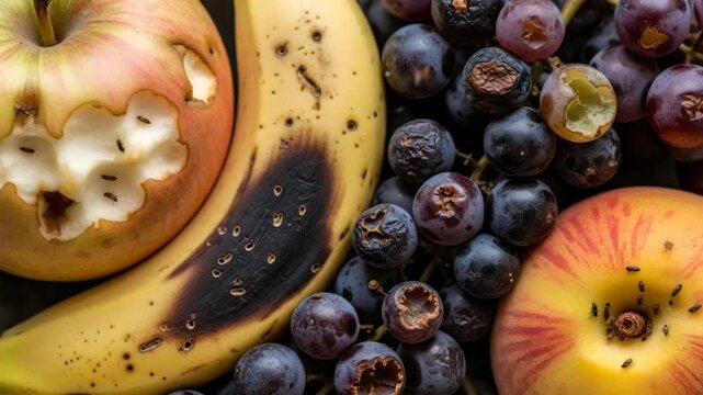 Fruit flies infested on rotten apples, bananas, and grapes. Pest problem and insect infestation in decaying organic food.