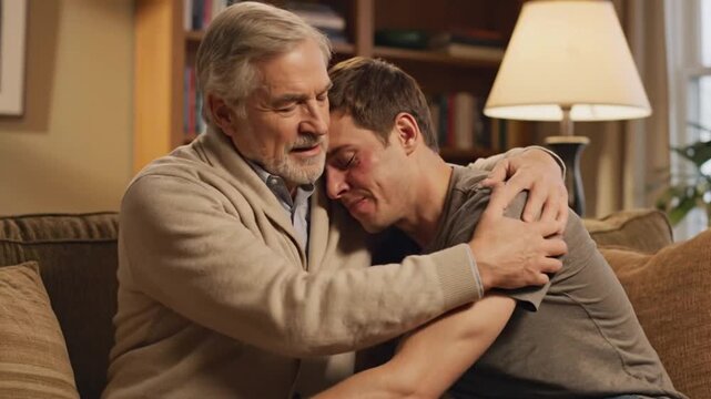 Emotional moment between a father and son in a cozy living room setting